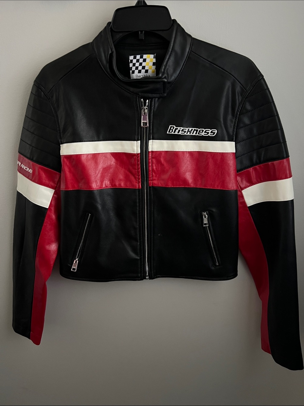 Bershka Black, Red & White Leather Moto Jacket